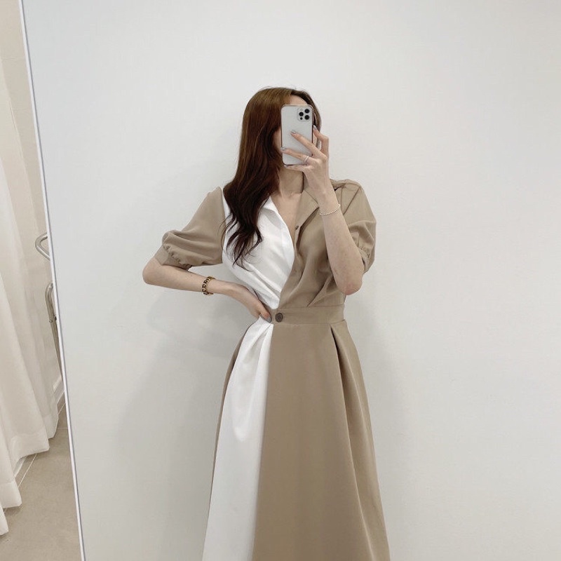 Váy sơ mi phối màu cúc cài chun sau nhấn eo tay lỡ