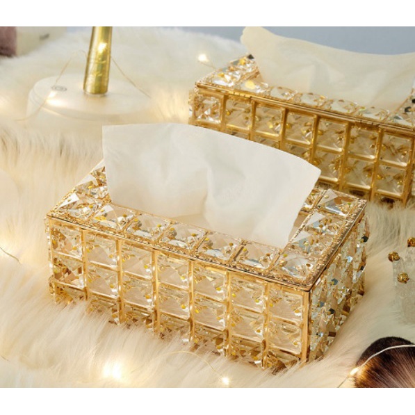 Hộp Đựng Khăn Giấy Kim Loại Đính Đá Phong Cách Châu Âu