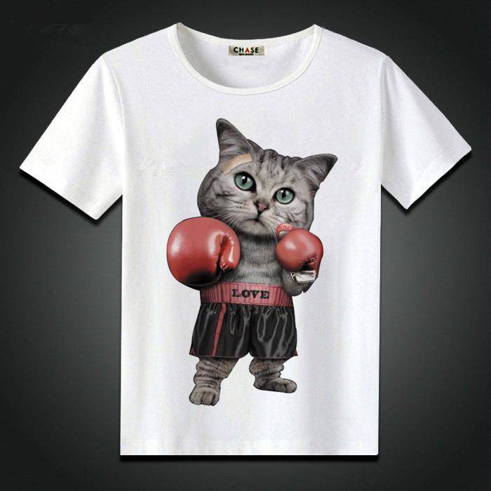 Mùa hè mới phiên bản châu Âu của Anime Boxing Cat Print Street Sáng tạo Áo thun ngắn tay Nam Áo dài Xu hướng kích thước