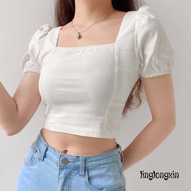 Áo croptop tay phồng cổ vuông hở lưng màu trơn gợi cảm cho nữ