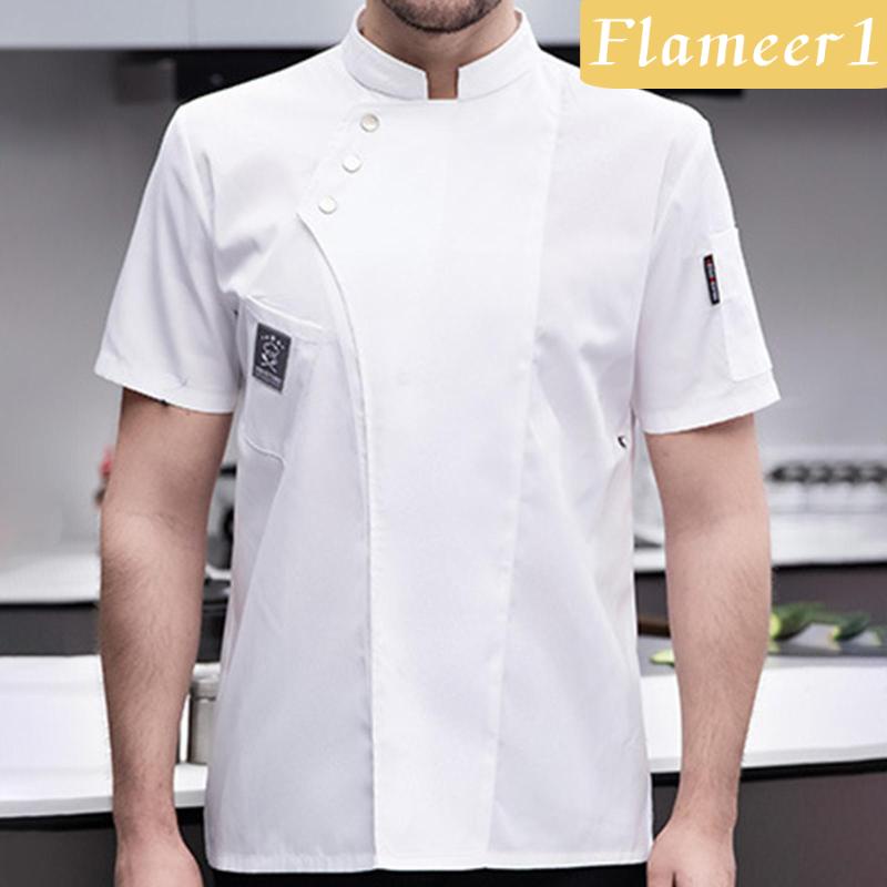 [Flameameer1] Áo Khoác Đầu Bếp Ngắn Tay Vải Cotton Mềm Thoáng Khí Cổ Điển Cho Máy Chủ