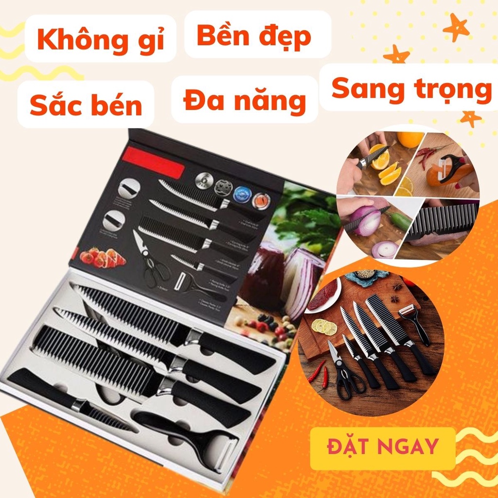 Bộ dao 6 món Nhật Bản chính hãng lưỡi dạng gợn sóng bằng thép không gỉ - Sang trọng sắc nhọn bền đẹp sản phẩm kèm hộp