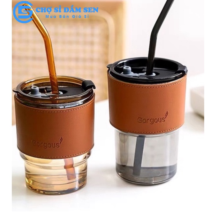 Ly thủy tinh có nắp đậy và ống hút bọc da chống nóng dung tích 450ml G397-LyBaoDa