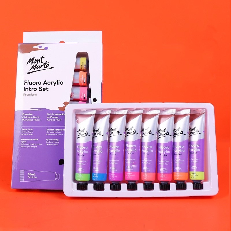 [Tặng giấy vẽ] Set 8 Màu Acrylic Dạ Quang Phát Sáng Mont Marte x 18ml - Fluoro Acrylic Paint Intro Set - PMFL8181