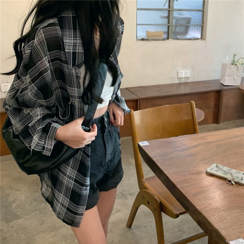 Áo sơ mi chiffon SUXI tay dài họa tiết sọc caro thời trang mùa hè cho nữ