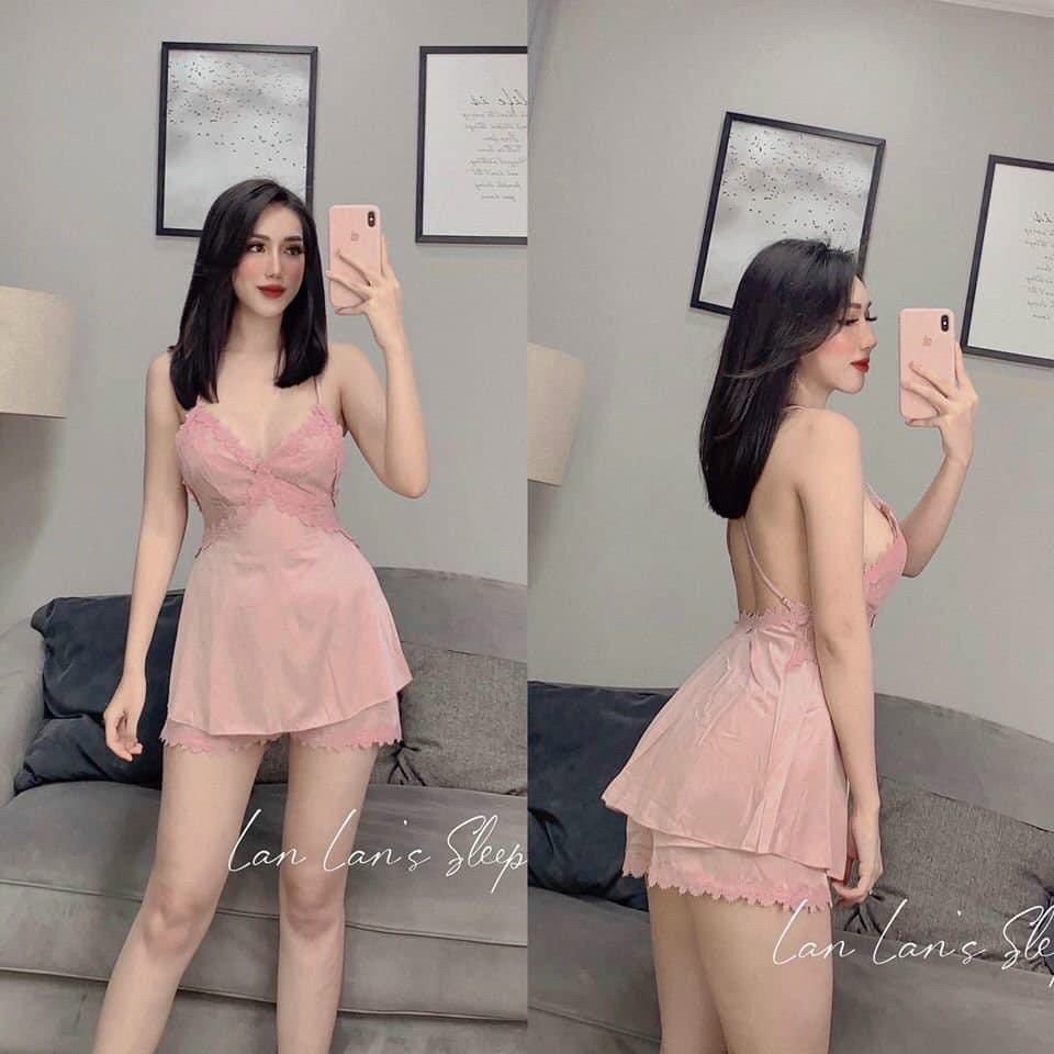 Đồ ngủ sexxy/ Đồ ngủ 2 dây chéo lưng, chất liệu satin cao cấp, free size dưới 65kg
