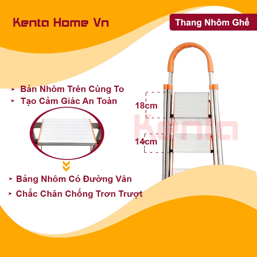 Thang nhôm ghế tay vịn 4 Bậc (Cao 97cm) Khung inox 304 cực kỳ chắc chắn an toàn, Thang nhôm ghế nhập khẩu bảo hành 1 năm