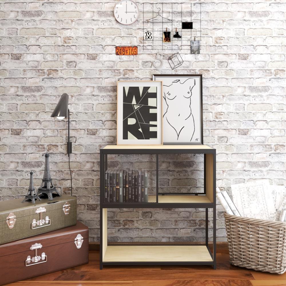 HomeBase FURDINI Kệ 3 tầng kết cấu thép có cửa lưới trượt hiện đại EMIELY W75xH30xD75cm màu gỗ sồi