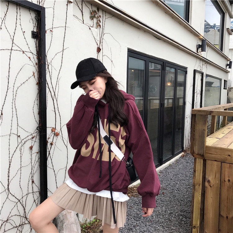 Áo hoodie dáng rộng tay dài in chữ thời trang thu đông phong cách Hàn Quốc mới 2021