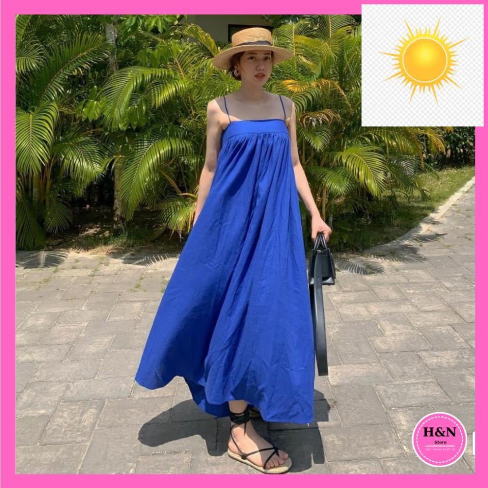 Váy maxi 2 dây thiết kế, váy đi biển 2 dây sang chảnh, màu xanh than tôn da - H&N Store
