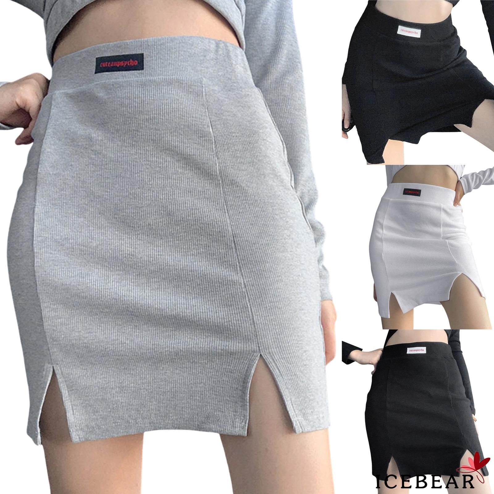 ICE-Women Summer Miniskirt, Letters Print Ribbed High-Waist Slim Short Skirt with Slits for Girls | BigBuy360 - bigbuy360.vn