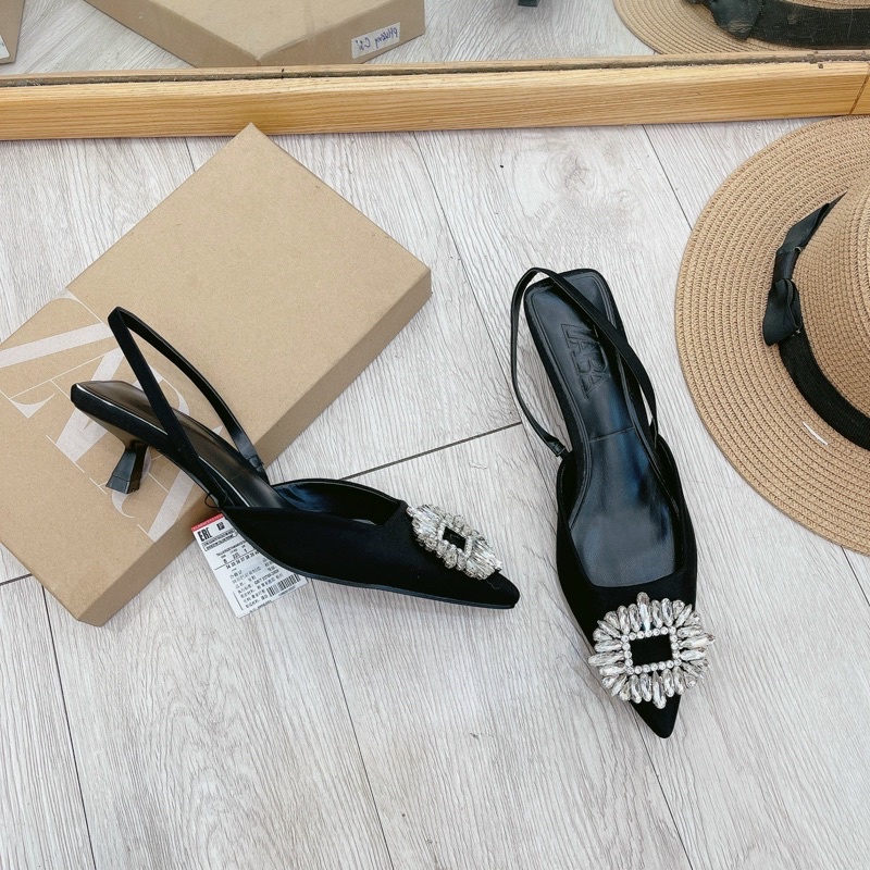 Sandal zara hoa đá mũi nhọn gót nhú fullbox