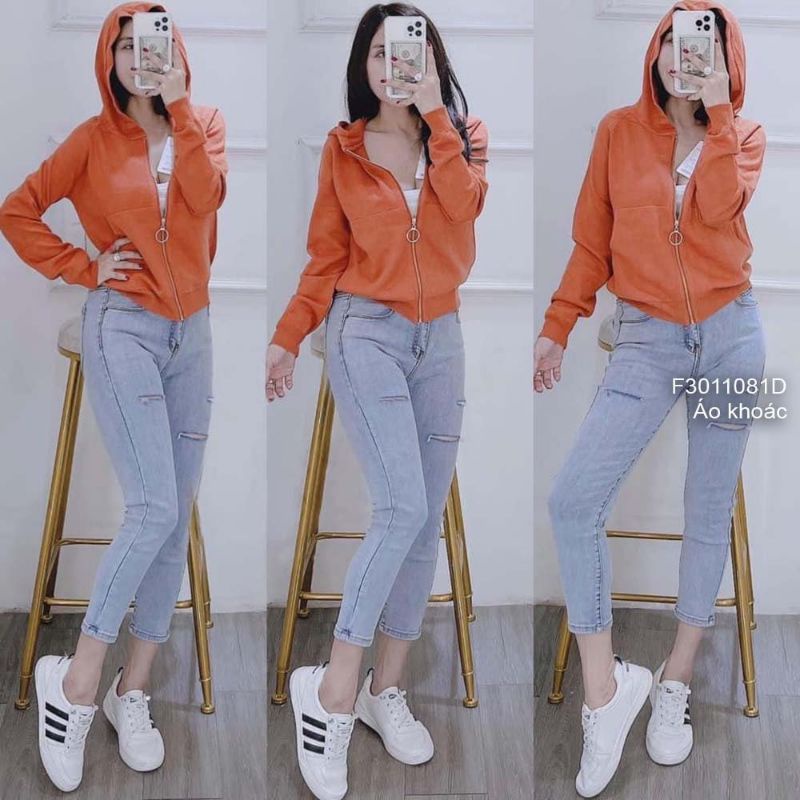 Áo khoác len có nón kéo khóa phối túi trước tay dài hàng Quảng Châu 3011