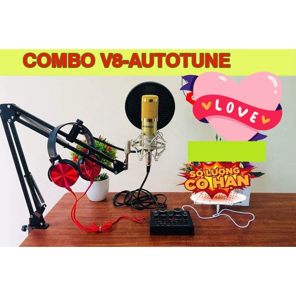 Combo Soundcard V8 Autotune và mic BM900 cung đầy đủ phụ kiện