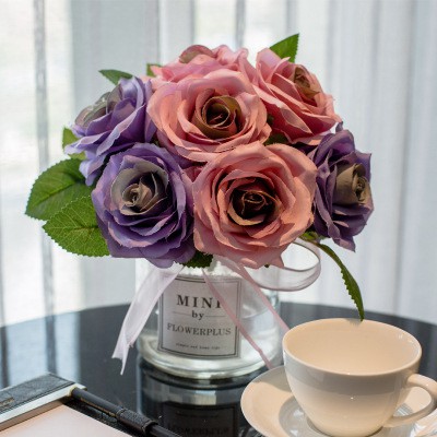 Chậu cây hoa giả Mini bình thuỷ tinh trong suốt 20x20cm - Hoa hồng tím