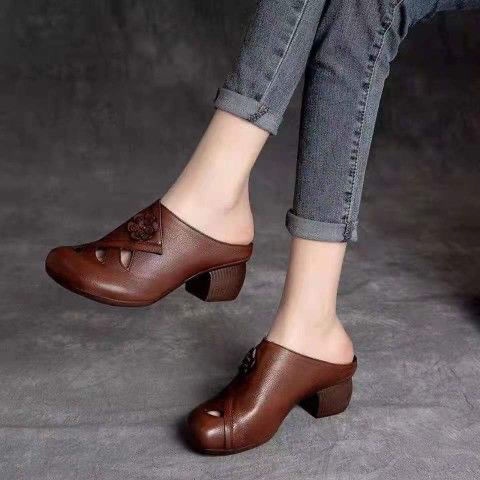 Dép Bít Mũi Bằng Da Thật Phong Cách Retro Thời Trang Mùa Hè 2021 Cho Nữ Trung Niên