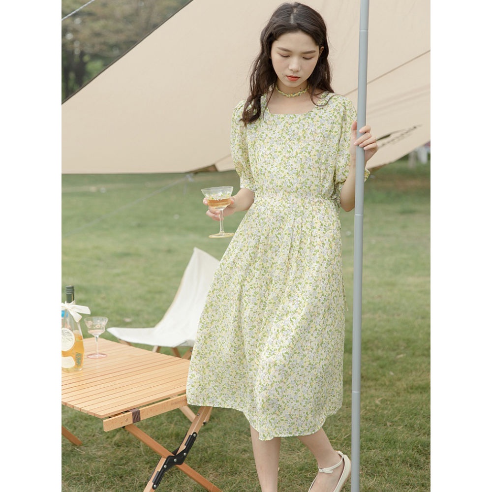 Đầm Voan Hoa Nhỏ Thắt Dây Eo Màu Vàng Thời Trang Mùa Hè Hàng Mới 2022