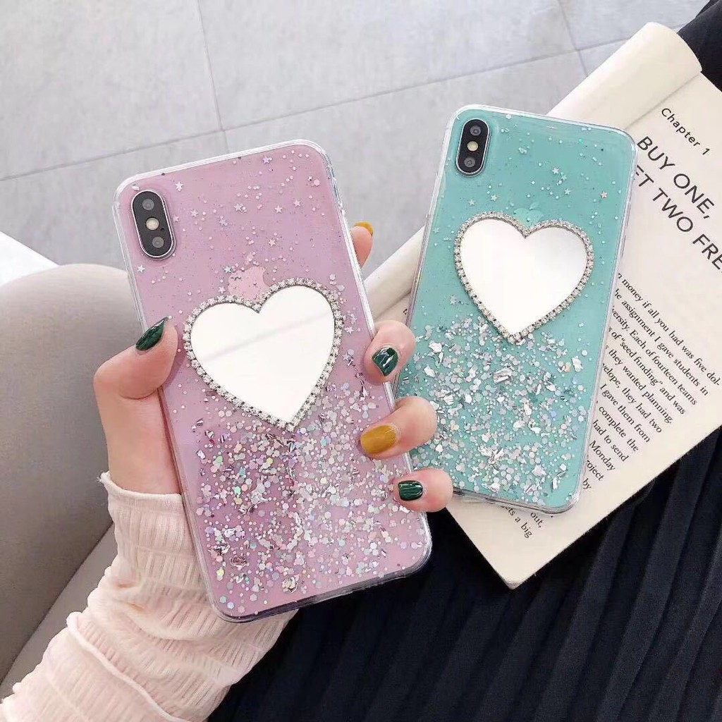 iPhone 12 Mini 11 Pro Max 6 6S 7 8 Plus  X XS Max XR Heart Shape Makeup Mirror Bling Soft TPU Phone Case