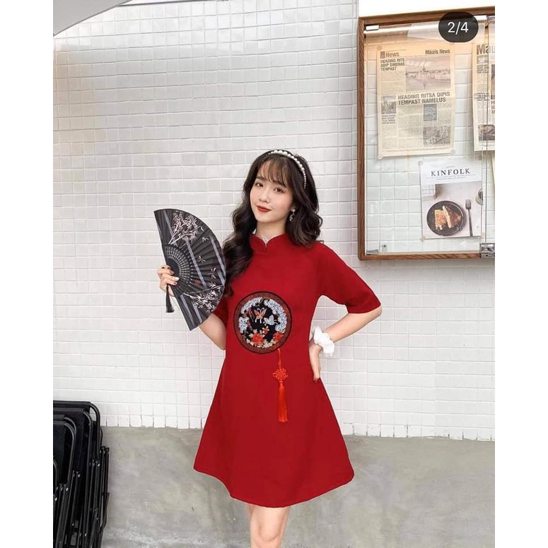 ĐẦM DỰ TIỆC GẤM ĐỎ TRUNG HOA CAO CẤP