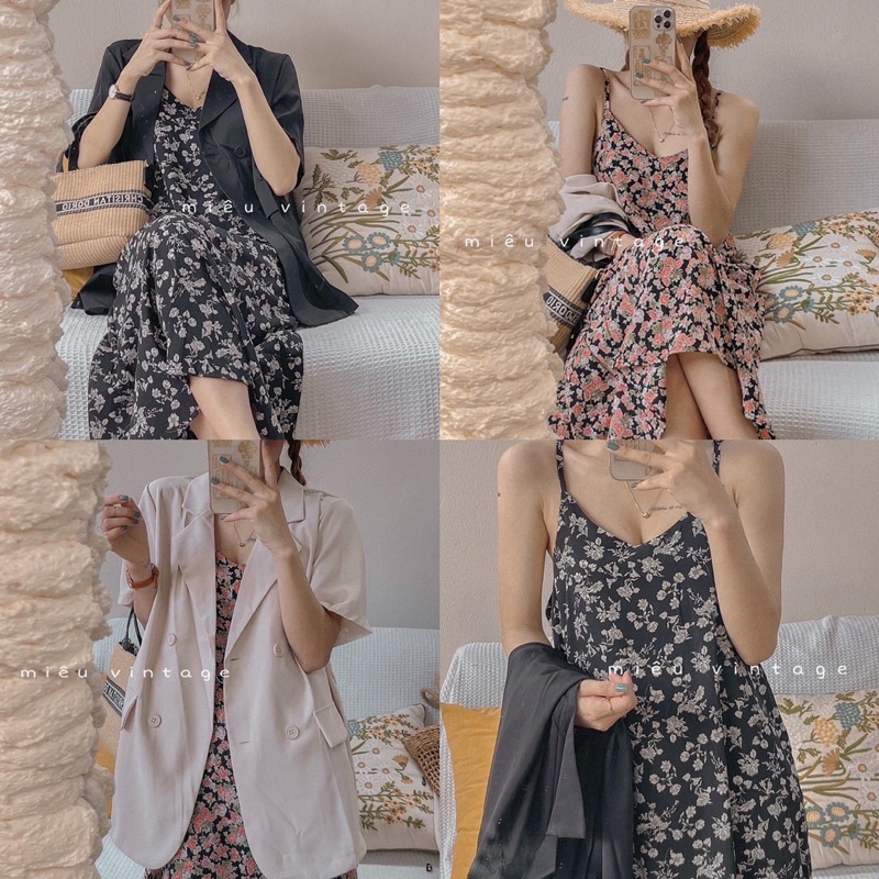 SET ÁO BLAZER VÉT CỘC TAY MIX VÁY HAI DÂY HOA NHÍ HAI MÀU ĐEN BE SIÊU ĐỈNH