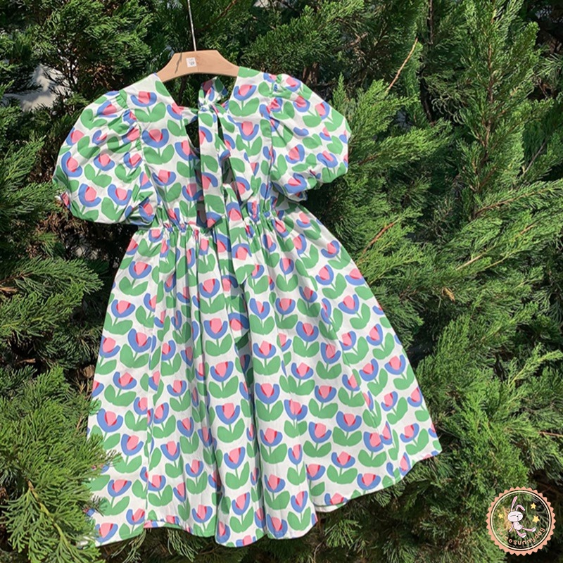 Đầm Công Chúa Hở Lưng Đính Nơ Họa Tiết Hoa Thời Trang Mùa Hè Cho Bé Gái