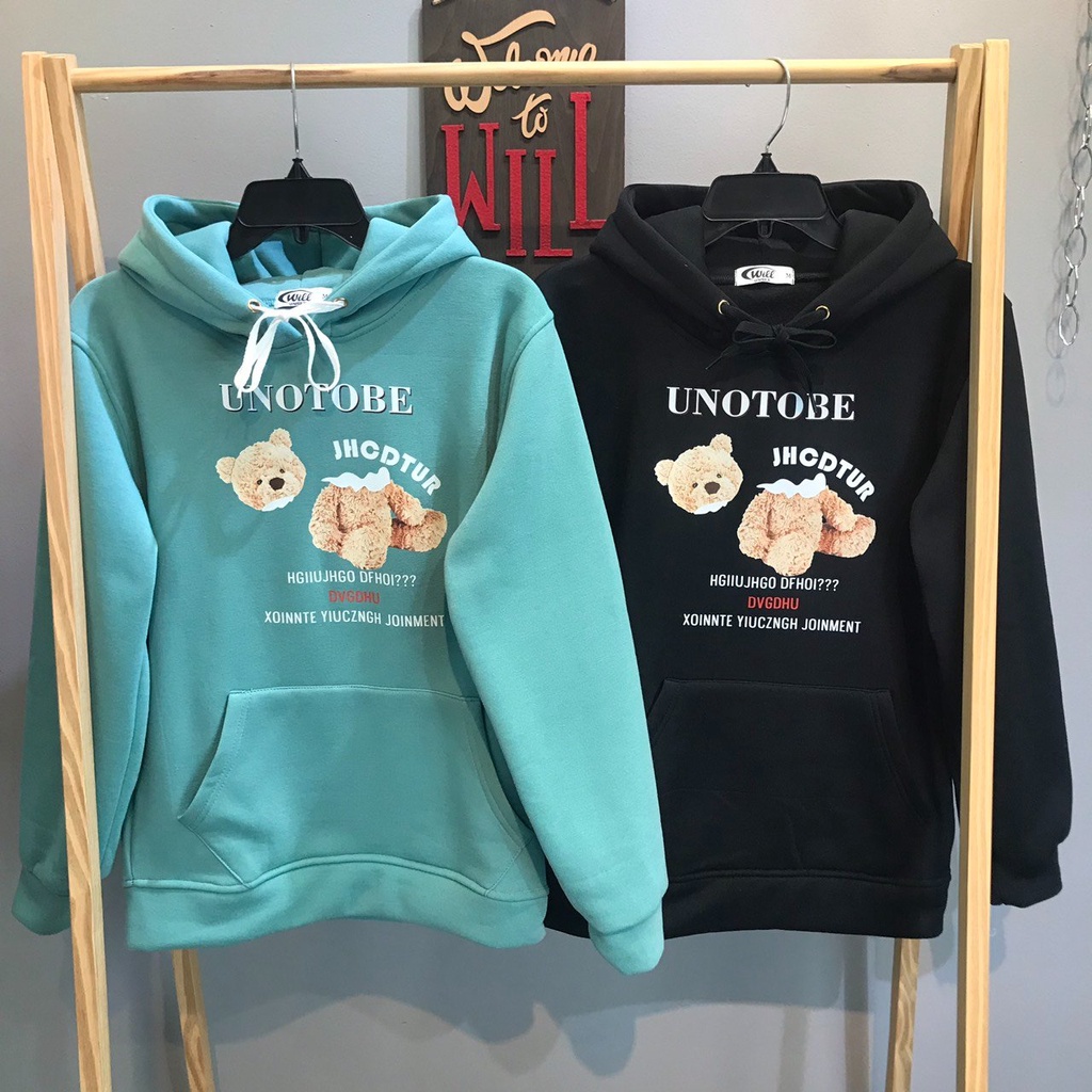 ÁO HOODIE GẤU UNOTOBE NGỌC/ĐEN/HỒNG ảnh thật