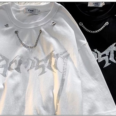 ZHELIHANGFEI Áo Thun Ngắn Tay Dáng Rộng Phối Dây Xích Đính Đá Kiểu Mỹ Dễ Phối Đồ