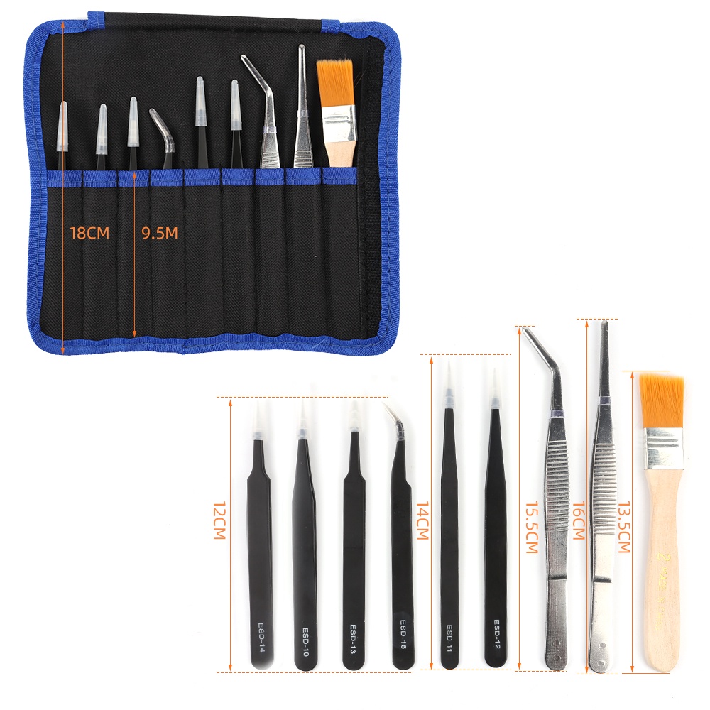 Bộ 9 Nhíp ESD Chống Tĩnh Điện Kèm Túi Đựng Đa Năng