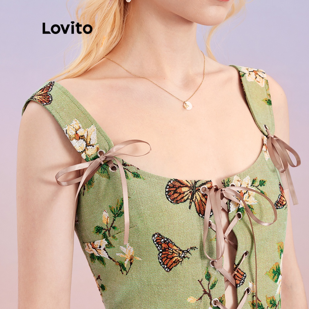 Áo tank top Lovito họa tiết hoa cột dây khoen phong cách dễ thương vintage L30AD054 (màu xanh lá nhạt)