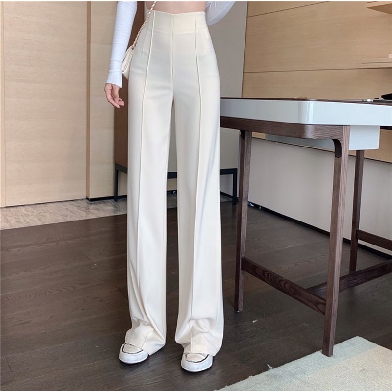 Quần ống rộng âu tây nữ ngắn vải cạp cao suông