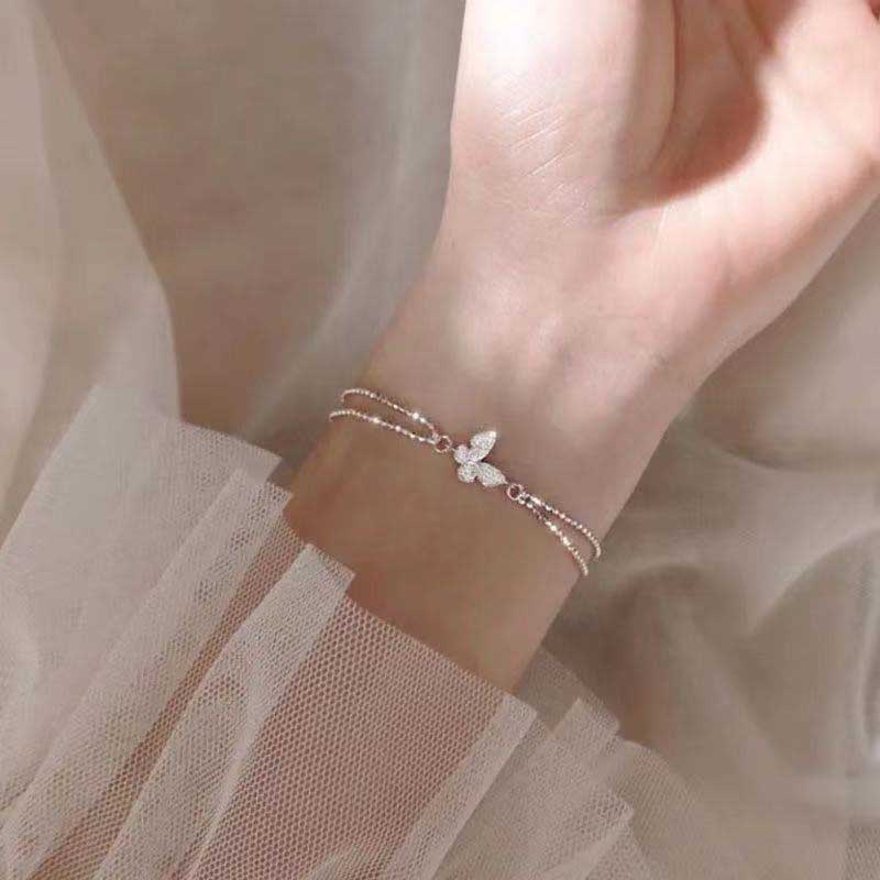 Vòng Tay Hai Lớp Bằng Thép Titan Đính Đá Zircon Hình Bướm Phong Cách Hàn Quốc Thời Trang Cho Nữ