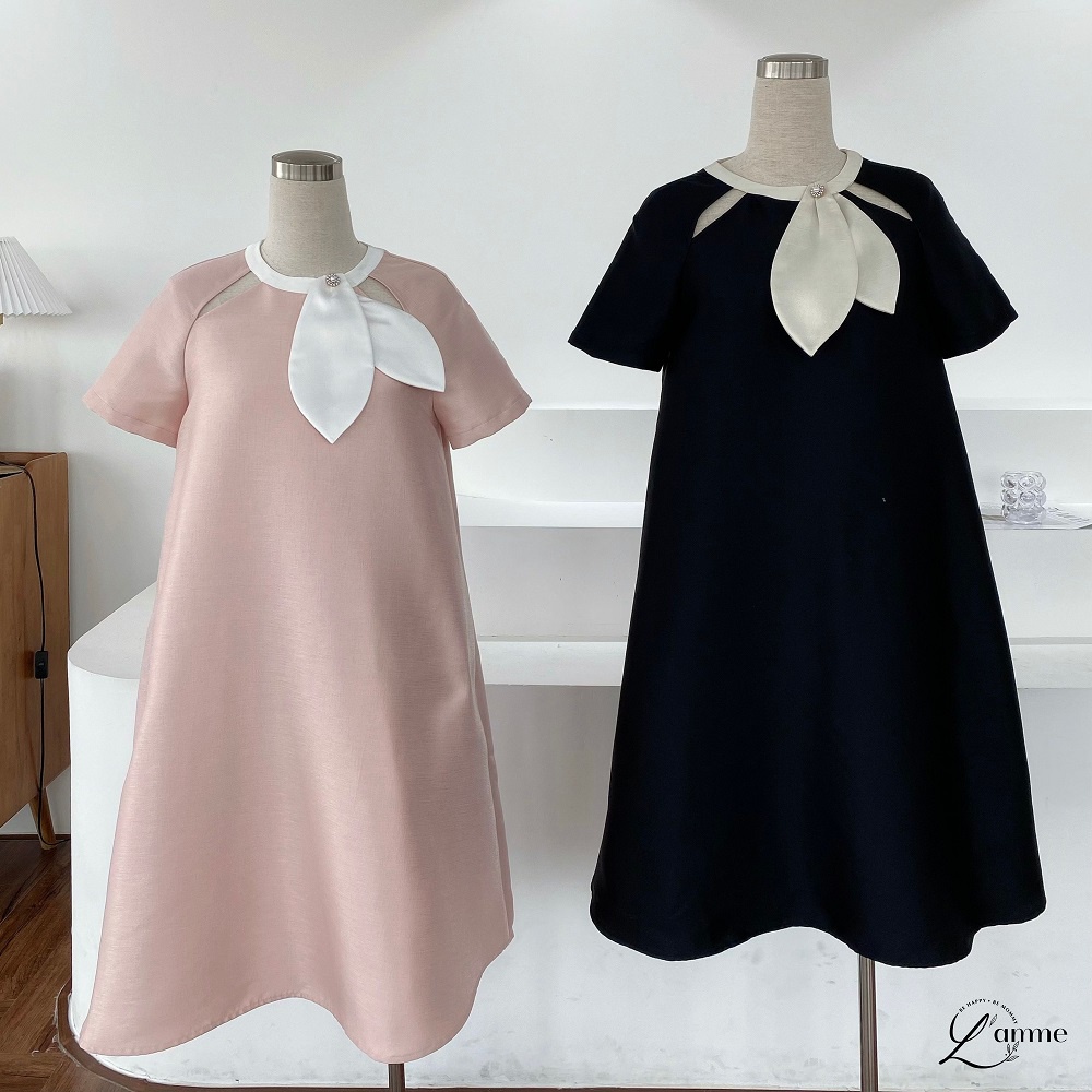 [NEW ARRIVIAL] Đầm bầu đẹp cổ nơ đính đá TATA DRESS, chất vải tafta ánh hồng, kiểu dáng sang trọng, lịch sự