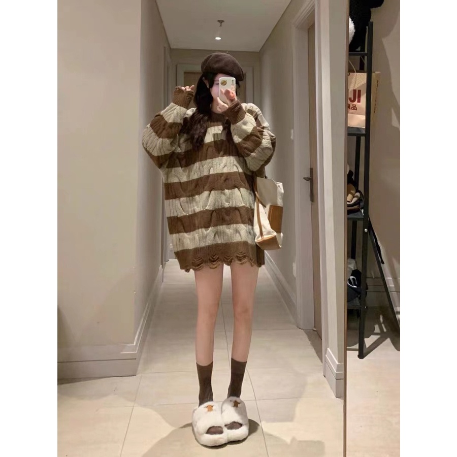 Áo Khoác Sweater Dệt Kim Cổ Tròn Dáng Rộng Kẻ Sọc Màu Tương Phản Kiểu Mỹ Thời Trang 2022 Cho Nữ