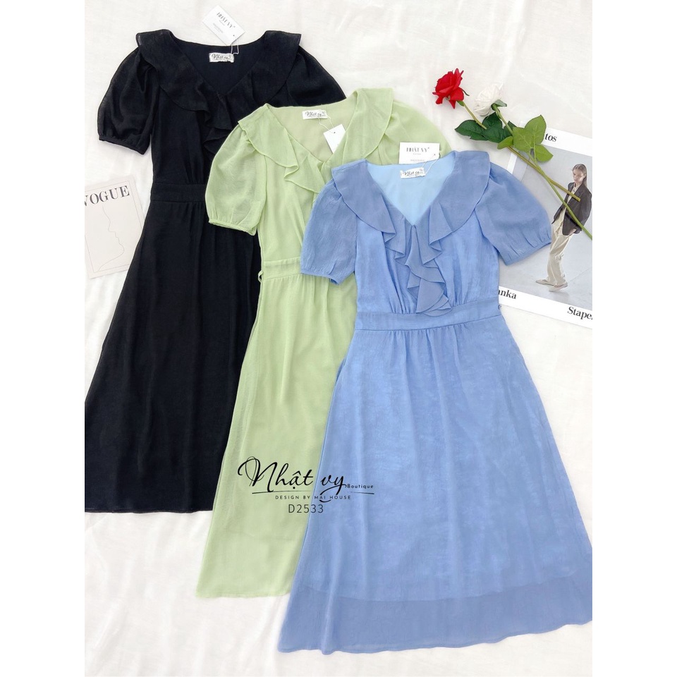 Đầm dự tiệc maxi Nhật Vy tay ngắn cổ tim phối bèo dáng xoè chất voan ánh kim phù hợp đi chơi dạo phố công sở - D2533
