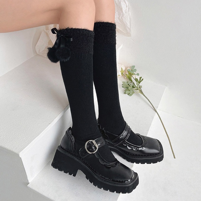 Tất đầu gối bắp chân giả len dệt kim nơ satin bóng nhung phong cách lolita dễ thương cho nữ sinh đi giày bốt