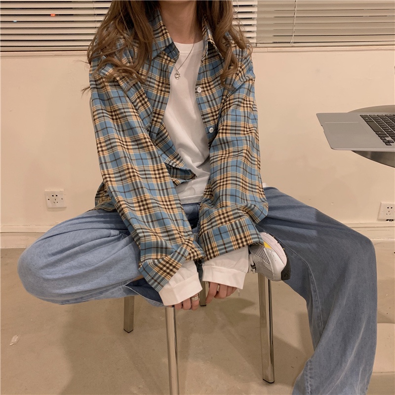 SUXI Áo Sơ Mi Caro Tay Dài Dáng Rộng Trẻ Trung Phong Cách Hàn Quốc Cho Bạn Gái