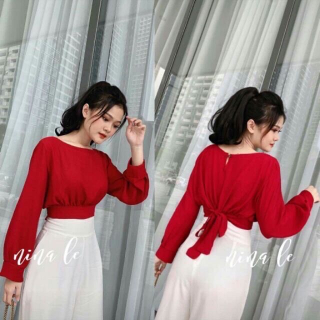 Áo voan tay dài cột nơ lưng