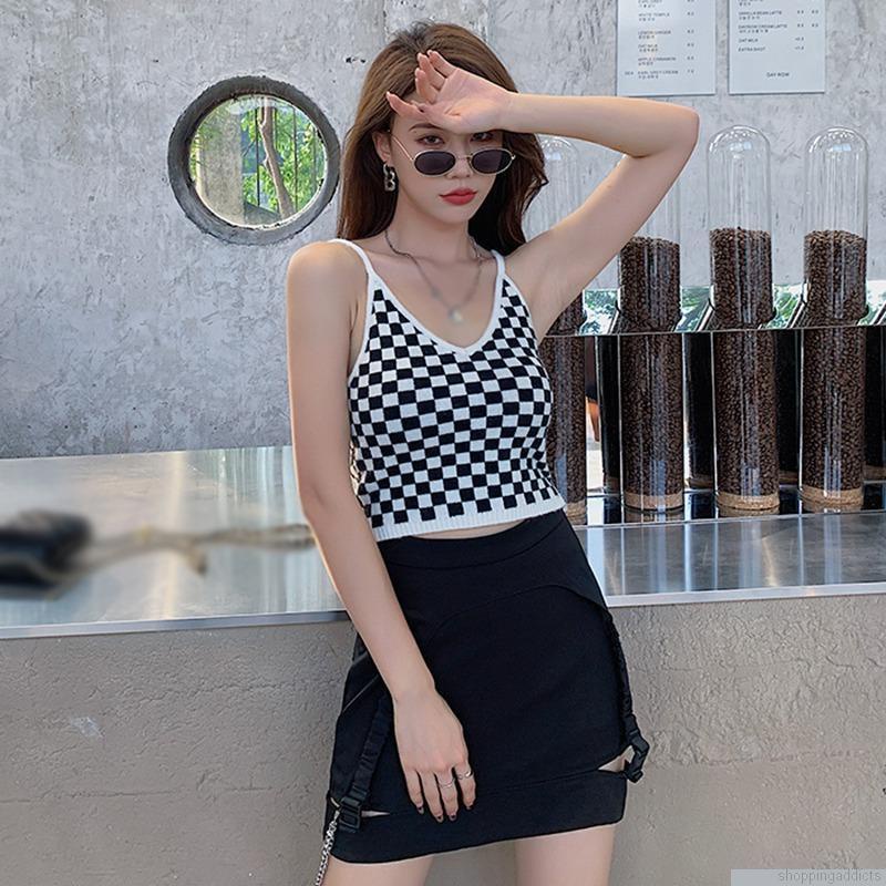 Áo Croptop Dệt Kim Sát Nách Cổ Chữ V In Họa Tiết Kẻ Sọc Ca Rô Cho Nữ