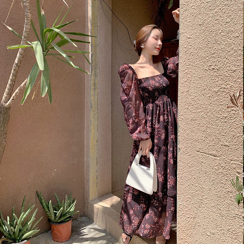(ORDER) Váy voan  tím đậm vintage kiểu Pháp cổ vuông tay phồng thun ngực eo điệu đà tiểu thư