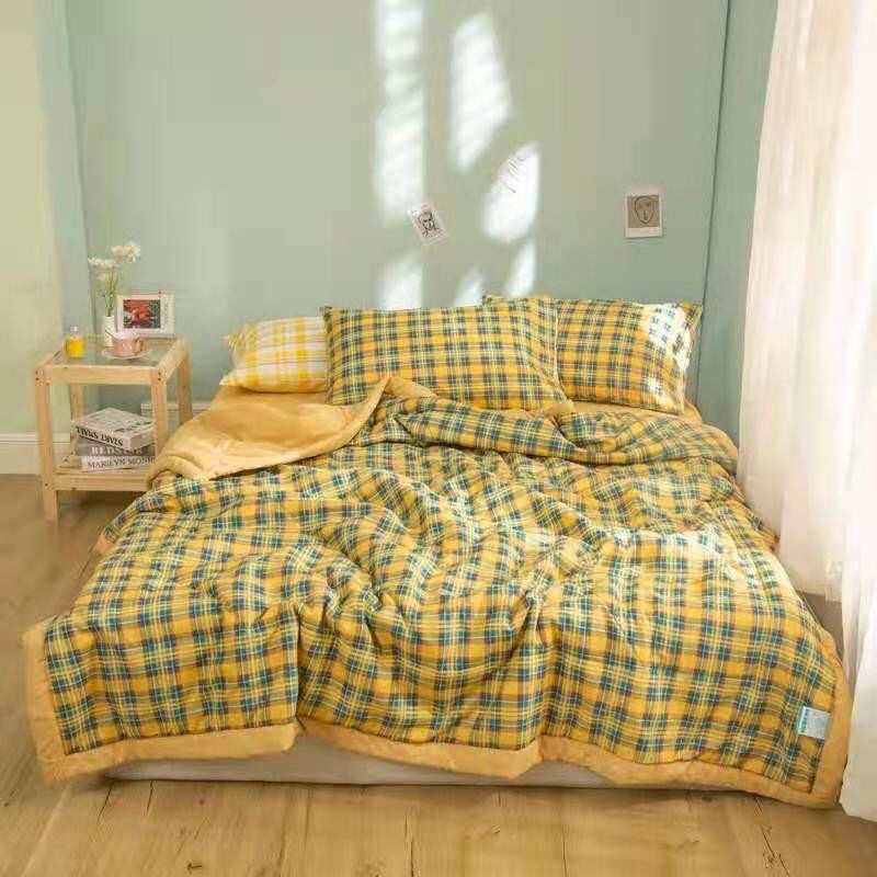 Bộ Chăn Ga Gối Cotton Đũi Kẻ Muji - Chăn Hè Chần Bông Mỏng Kích Thước 2mx2m3 Full Set 4 Món