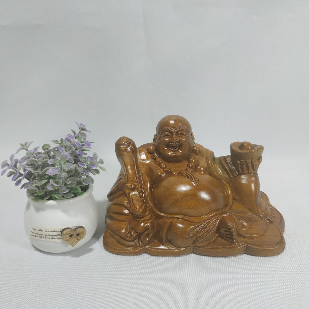 Tượng phật Di Lặc mang tài lộc, may mắn để trên xe ô tô hoặc bàn làm việc bằng gỗ quý Bách Xanh -TẶNG VÒNG ĐEO TAY