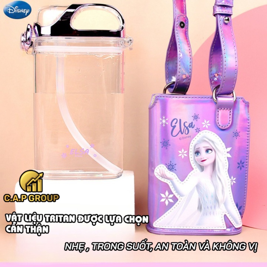 Bình đựng nước uống cho bé gái đi học hình Elsa cute có ống hút dây đeo cho trẻ em - 380ml - 2III1