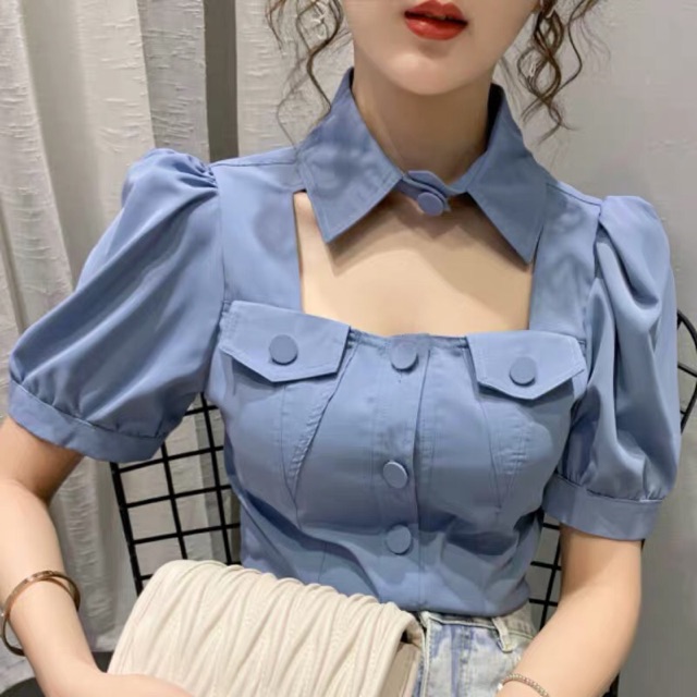 (ORDER) Áo sơ mi croptop cổ cut-out viền cúc to | BigBuy360 - bigbuy360.vn