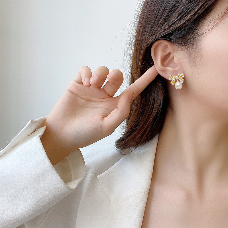 Bông tai hình nơ đính ngọc trai S925 phong cách Hàn Quốc thanh lịch dành cho nữ