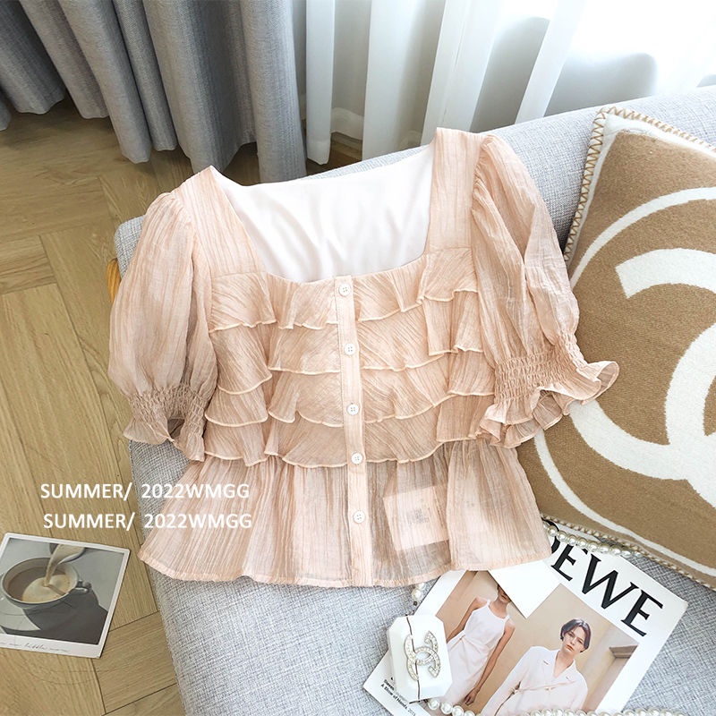 Áo Chiffon Tay Ngắn Cổ Vuông Thời Trang Mùa Hè Cho Nữ