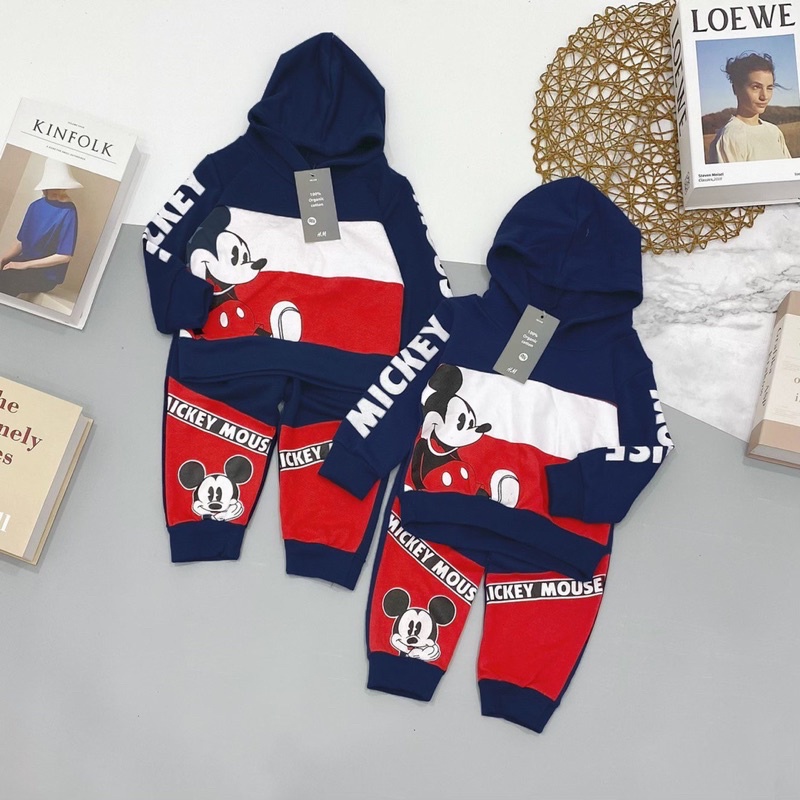 SET BỘ DÀI TAY NỈ CÓ MŨ MICKEY CHO BÉ TRAI