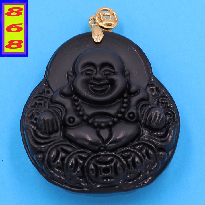 Mặt dây chuyền Phật Di lặc đá tự nhiên đen 4.2cm MPDLE11 - Mặt phật size lớn - Tặng kèm móc inox