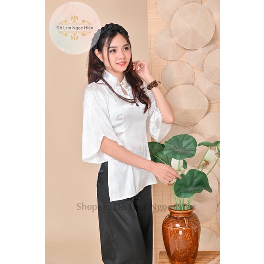 Đồ Lam Đi Chùa Mẫu Bà Ba Cách Tân Cổ Giọt Nước Tay Cánh Tiên Chất Liệu Gấm (QUẦN ĐEN)