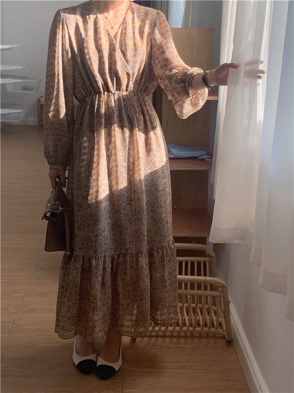 Đầm voan Peppermint họa tiết hoa tay dài phong cách retro thời trang cho nữ 55568