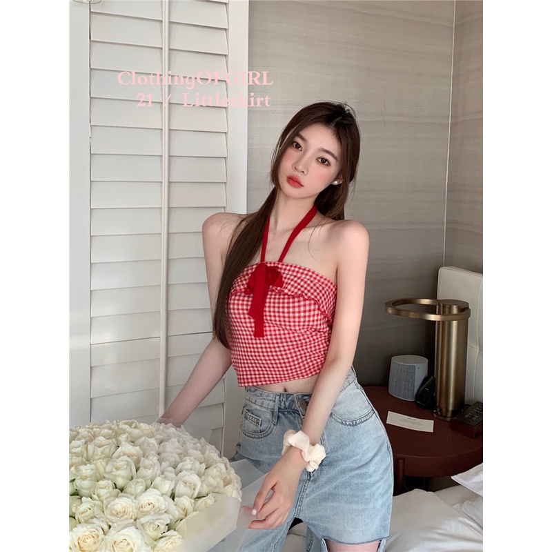 Áo Tank Top Hai Dây Thắt Nơ In Hình Dâu Tây Xinh Xắn